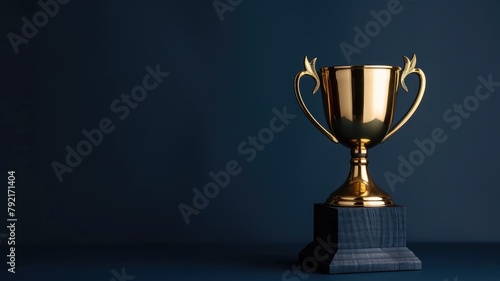 Golden trophy cup on dark blue background