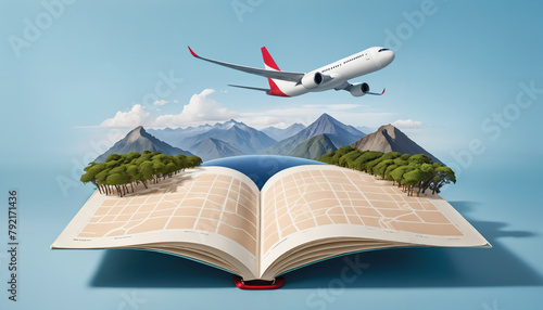 A commercial passenger jet flies over an open book revealing a scenic landscape with mountains, lake, and forests - symbolizing travel, adventure, and the wonders found through reading.