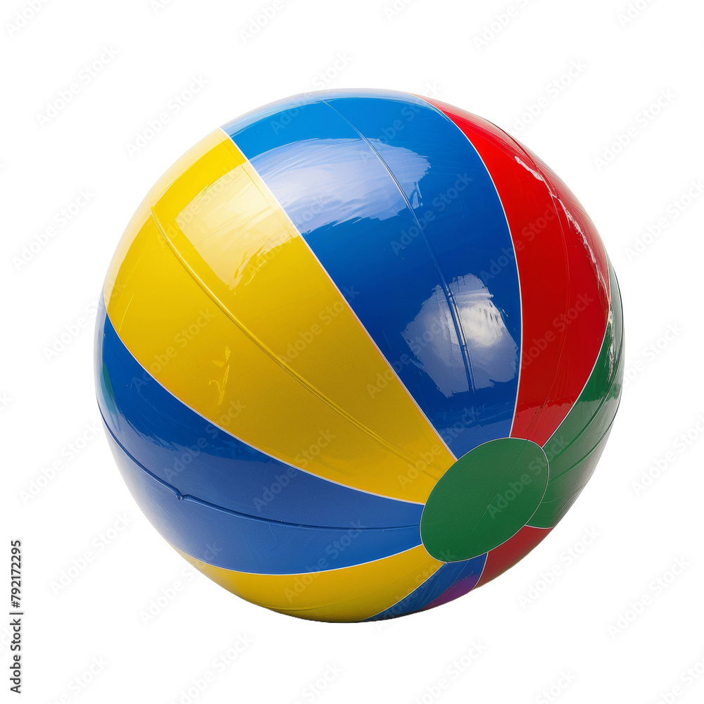 An inflatable beach ball with bright colors, associated with fun and games at the beach or pool.