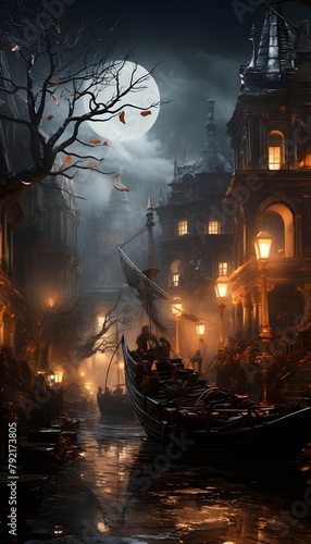 Halloween spooky gondola in the old town at night