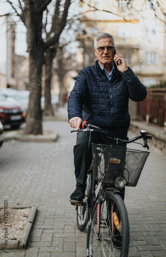 An active senior man in casual attire is chatting on a mobile phone while standing with his bike on a city pavement, illustrating urban mobility and elder lifestyle. © qunica.com