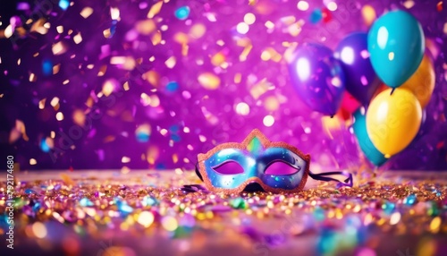 'violeta carnaval globos color en fondo confeti confetti vertical m?scara formato carnival invitation party mask sparkle coloration violet background celebration masque decoration fe' photo