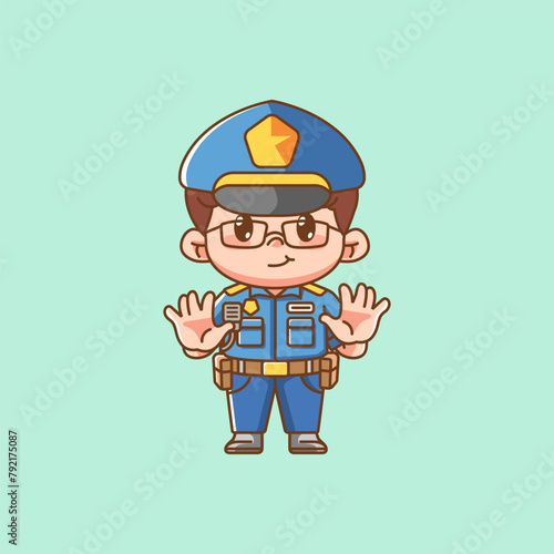 Cute police officer uniform show hands kawaii chibi character mascot illustration outline style design