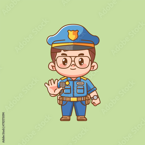Cute police officer uniform stop kawaii chibi character mascot illustration outline style design