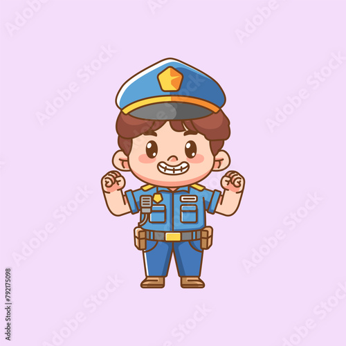 Cute police officer uniform strong kawaii chibi character mascot illustration outline style design