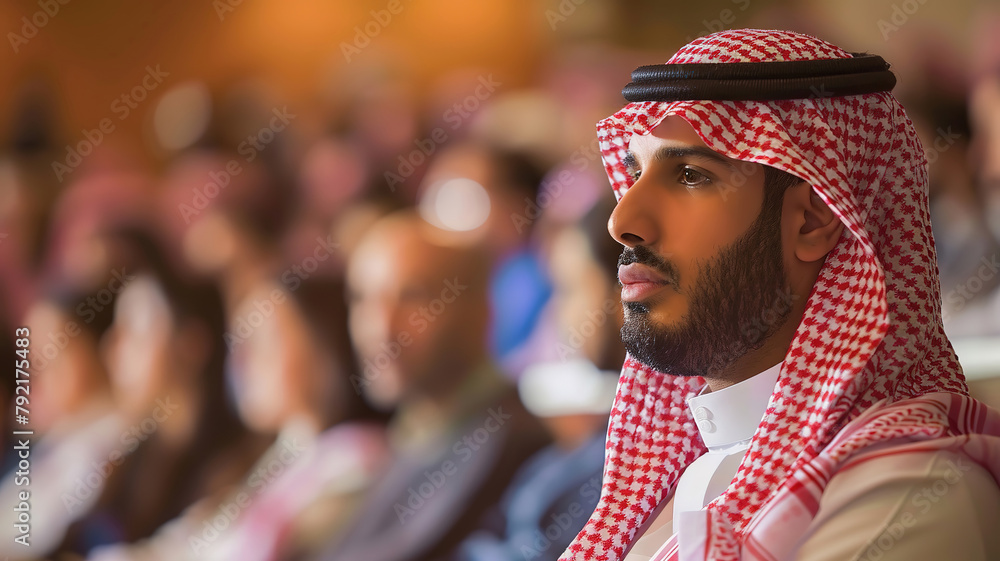 Thoughtful Arab Man in Traditional Keffiyeh at Conference