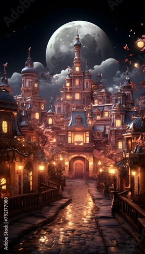 Fairy tale scene of old town at night with full moon. © Iman