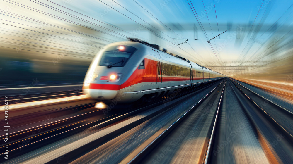 Naklejka premium High speed train motion railway station sunset. Fast moving modern passenger train railway platform Railroad motion blur effect