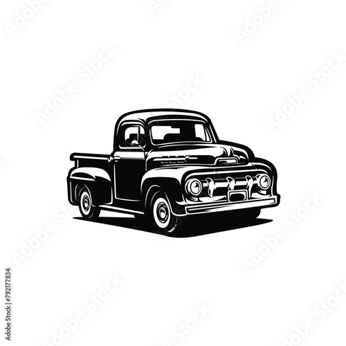 Vintage farm truck vector isolated. Monochrome silhouette vector. Best for agricultural and vintage restoration garage illustration