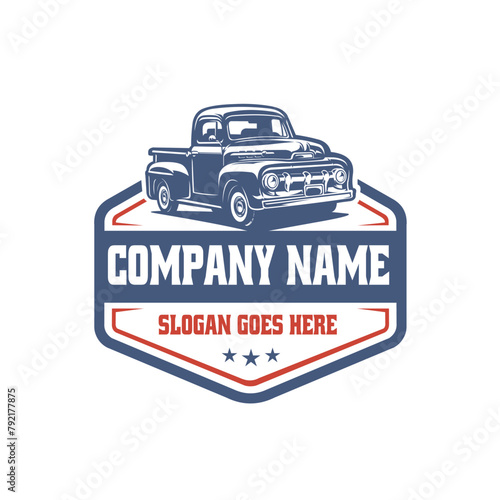 Vintage farm truck ready made emblem logo vector isolated. Best for agricultural and vintage restoration garage logo