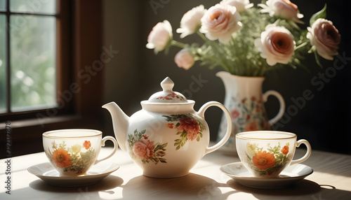 Decorative floral teapot and cups on table with vase of flowers
