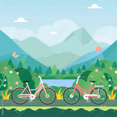 colorful background of world car free day with green bicycle concept, colorful cartoon illustration style, bicycle at park background illustration