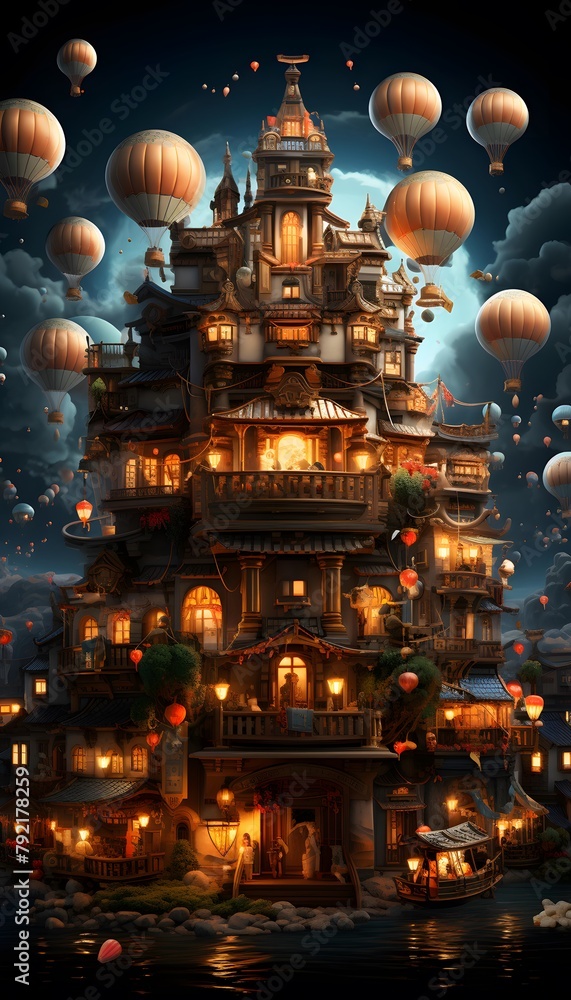 Hindu temple with hot air balloons in the sky at night illustration