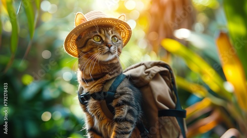 A cat hiker dressed in a hat and carrying a backpack. photo