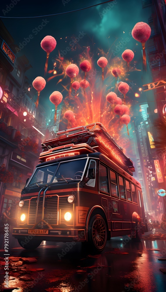 Fire truck at night in the city. 3d rendering illustration.