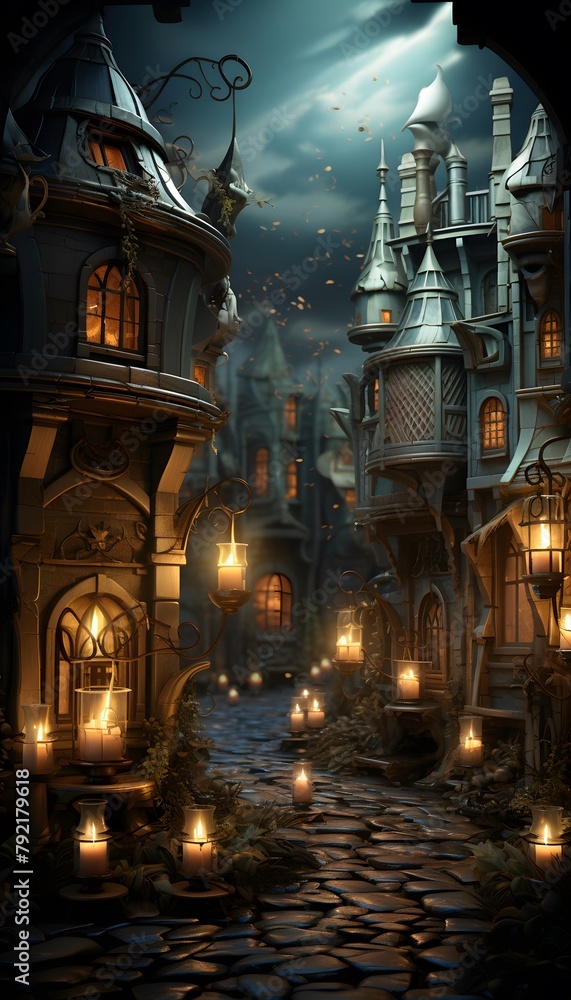 Mystical fantasy fairy tale castle with lighted lanterns.