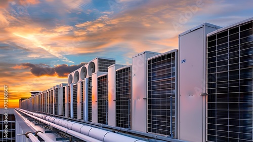 Row of Outdoor Air Conditioning Units on Rooftop Representing Environmental Impact and Climate Control Technology in Urban Settings