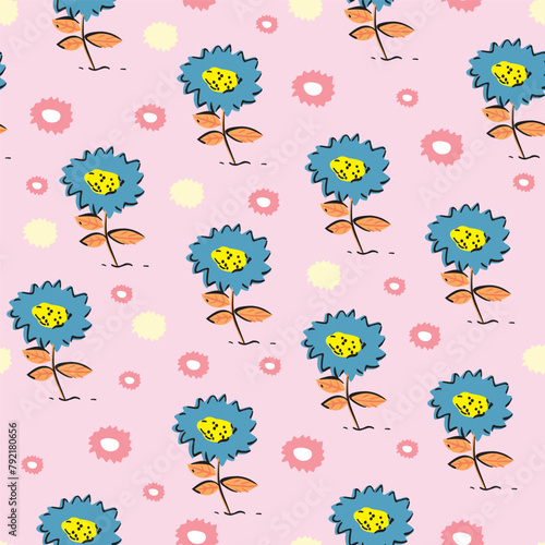 Colorful vector illustration of repeated pattern with flowers in a casual style.