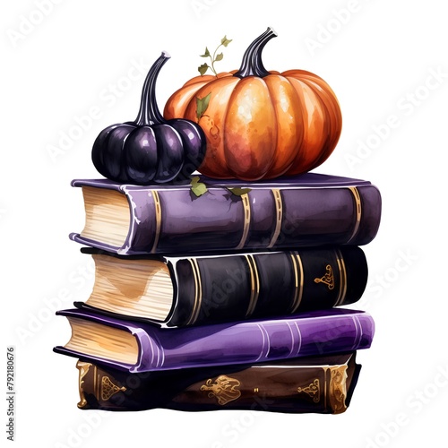 Pile of books with pumpkins isolated on white background. Hand drawn watercolor illustration