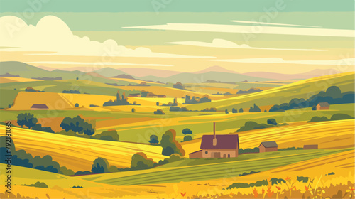 Rural landscape with fields and hills and with a fa