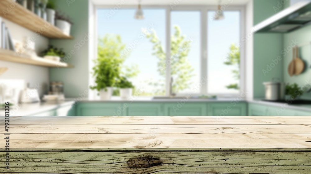Sunny Green Kitchen Interior with Wooden Worktop
