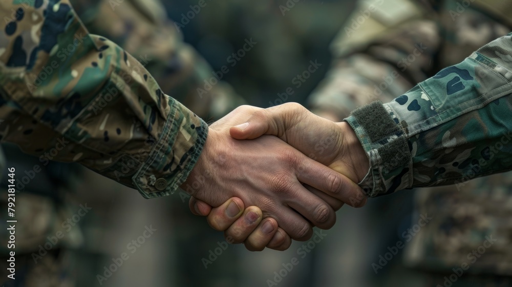 Two military officers shake hands representing the signing of an intelligence sharing agreement between allied nations. . - obrazy, fototapety, plakaty 