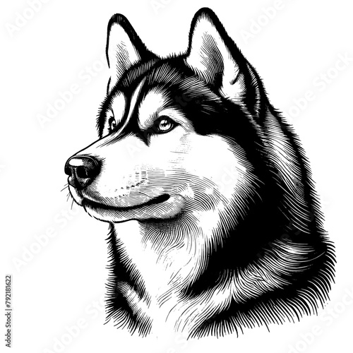 Siberian Husky portrait. Hand Drawn Pen and Ink. Vector Isolated in White. Engraving vintage style illustration for print, tattoo, t-shirt, sticker	