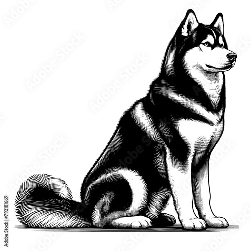 Full-length Siberian Husky sitting. Hand Drawn Pen and Ink. Vector Isolated in White. Engraving vintage style illustration for print, tattoo, t-shirt, sticker	