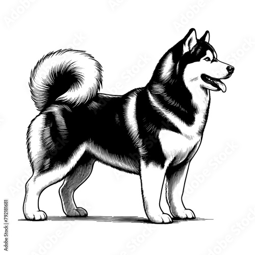 Full-length Siberian Husky standing. Hand Drawn Pen and Ink. Vector Isolated in White. Engraving vintage style illustration for print, tattoo, t-shirt, sticker	
