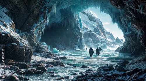 Fantasy landscape with ice cave and people walking