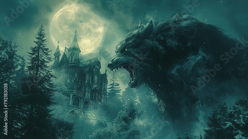 A terrifying wolf under the full moonlight that illuminates a dark and eerie mysterious misty forest with a gothic palace or castle under the moon. photo