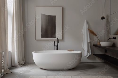 A minimalist bathroom with a freestanding tub and sleek fixtures  accented by minimalist artwork on the walls.