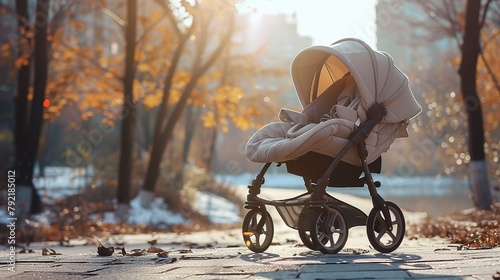 Baby stroller featuring wheels and a comfortable seat at park. Designed for safe and easy transportation. photo