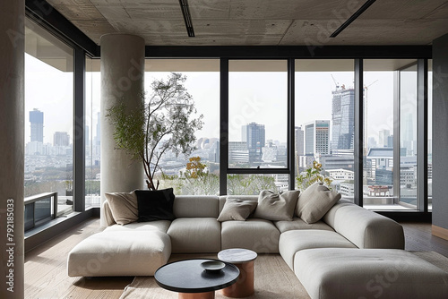 A minimalist living room with a modular sofa and floor-to-ceiling windows, offering panoramic views of the city skyline. © Ateeq