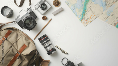 Travel photography essentials neatly arranged with space for planning and notes.