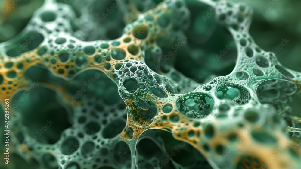 A 3D image of a colony of algae cells showcasing their organized arrangement and interconnected structures. - obrazy, fototapety, plakaty 