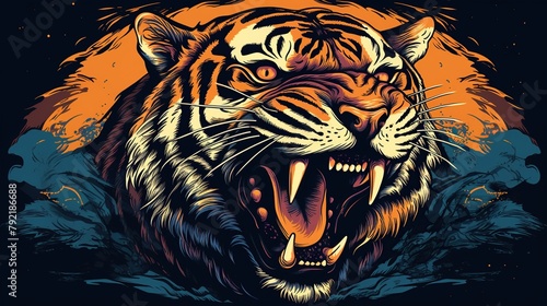 Raging tiger art painting in block print style illustration on black background.
