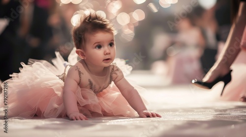 Baby girl in a fluffy tutu skirt crawling on the runway at a children's fashion show
