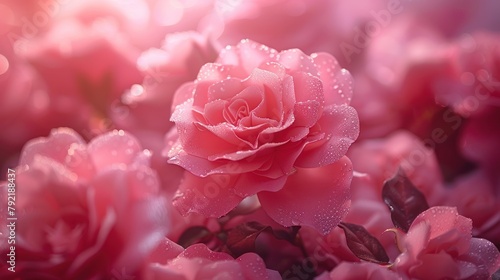 Pink background  pink rose paper flowers scattered around
