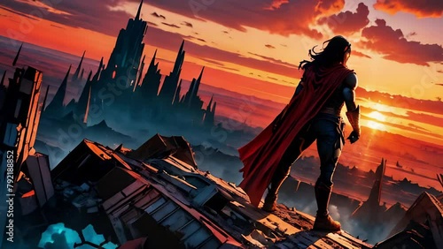 A comic book superhero vast wasteland destruction sunset art inspired by demon slayer extreme color epic crazy image beautiful image seamless loop animation