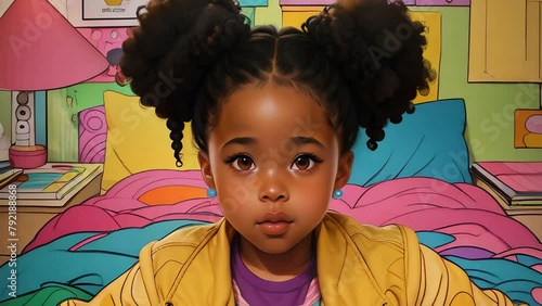 A digital illustration portrait of a year old African American girl with afro puffs posing expressively Expressive hair subtly swaying in the st seamless loop animation photo