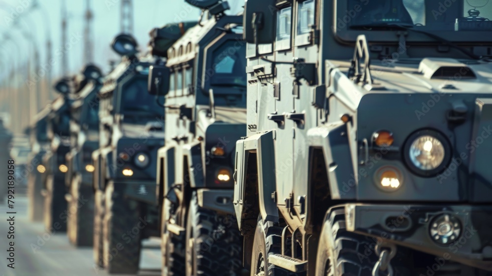 A convoy of armored vehicles equipped with antidrone jamming technology patrolling a highsecurity perimeter to prevent any aerial threats. . A convoy of armored vehicles equipped with antidrone jamming technology patrolling a highsecurity perimeter to prevent any aerial threats. .