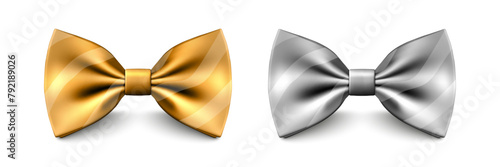 Vector 3D Realistic Golden and Silver Color Bow Tie Set Isolated. Silk Glossy Bowtie, Tie Gentleman. Mockup, Design Template of Stylish Bow Tie for Men. Fashion, Father s Day Holiday Concept