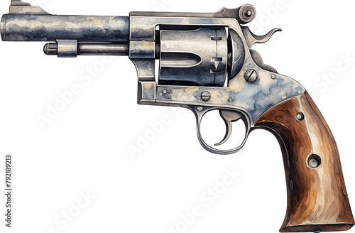 Watercolor illustration of a western revolver isolated.
