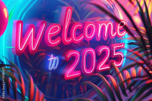 A neon sign that says welcome to 2025 is surrounded by green leaves