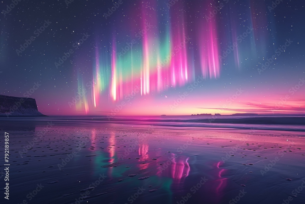 A beautiful, colorful aurora borealis lights up the sky above a beach