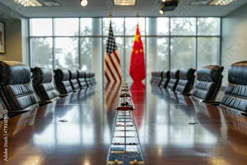 A large conference table with China and US flags in the middle