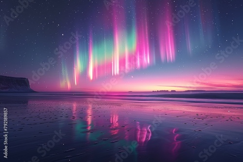 A beautiful  colorful aurora borealis lights up the sky above a beach