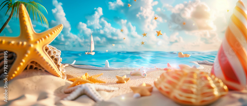 A banner of a 3d illustration of the beach with shells, conch and starfish, summer concept