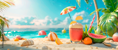 A banner of a 3d illustration of the beach with watermelon juice in the sand, summer concept